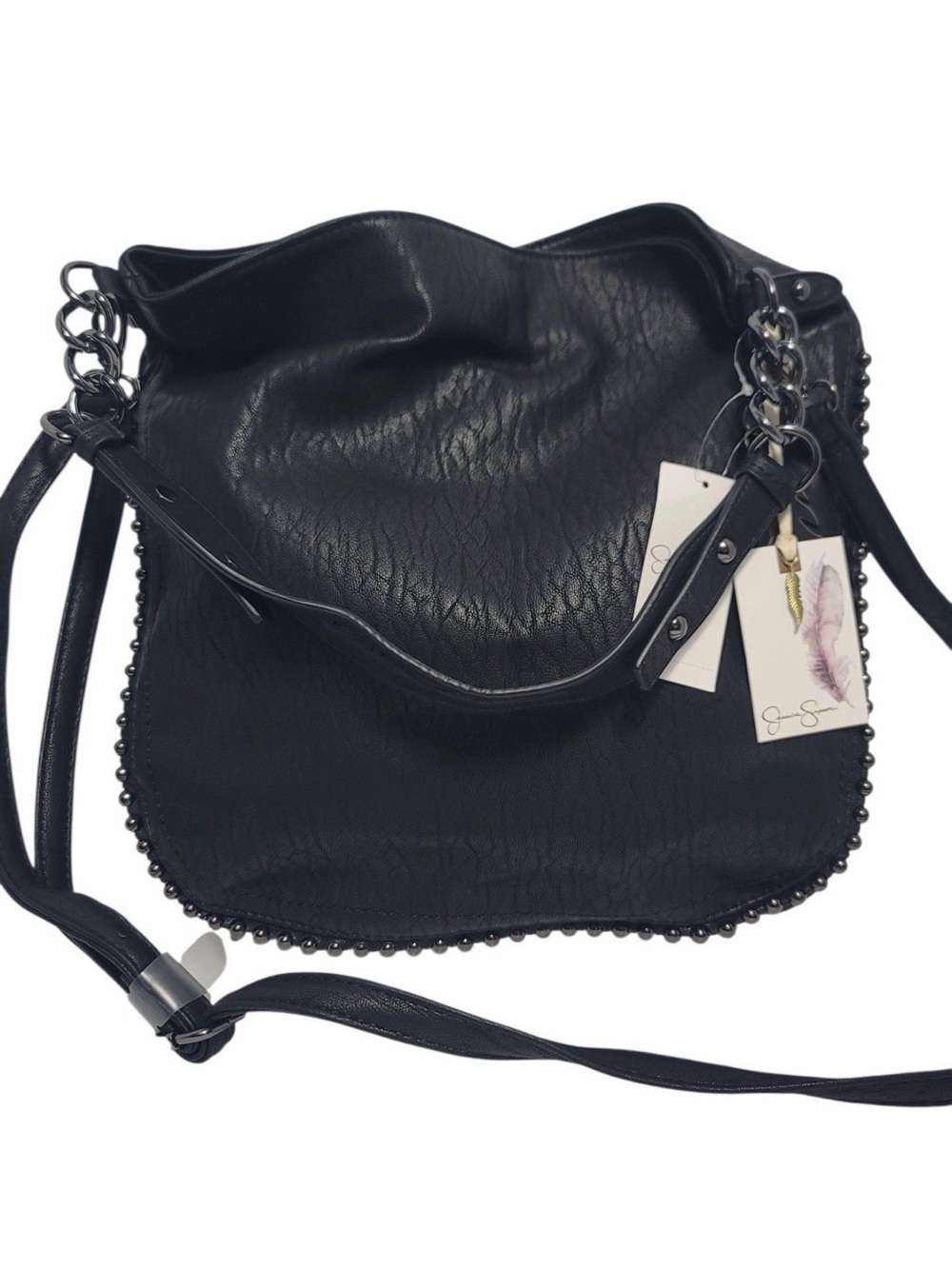 Jessica Simpson Black Beaded Trim Shoulder Bag with Chain Accents